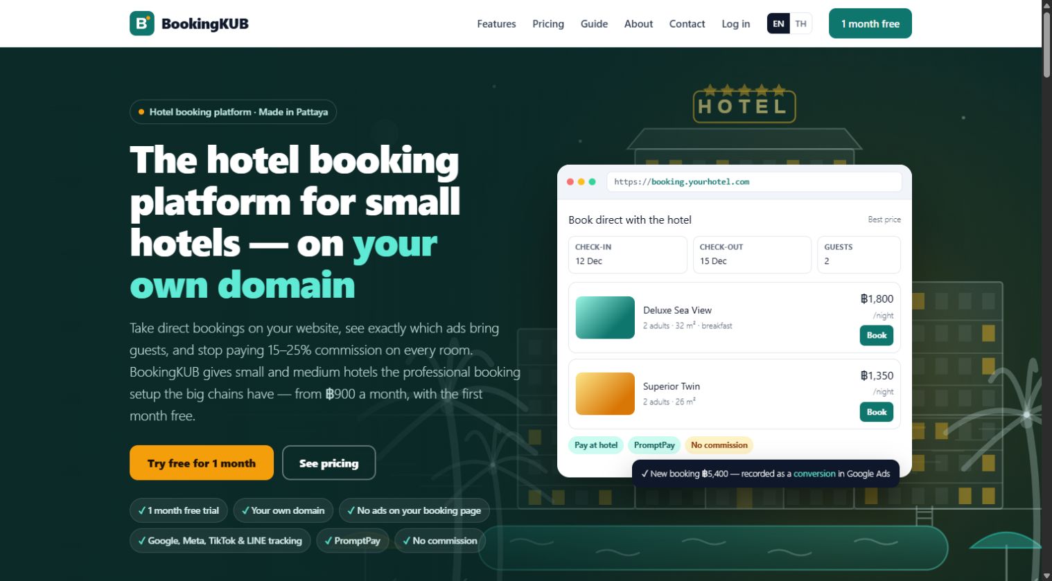 หน้าเว็บไซต์ Bookingkub แสดงระบบจองห้องพักบนโดเมนของโรงแรม