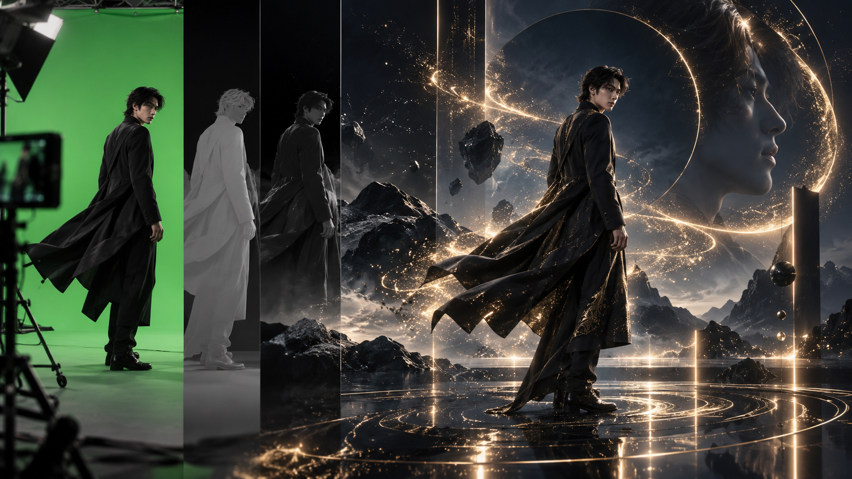 ภาพแนวคิดงาน VFX จากการถ่ายฉากเขียวสู่ภาพคอมโพสิตพร้อมเอฟเฟกต์อนุภาคสีทอง
